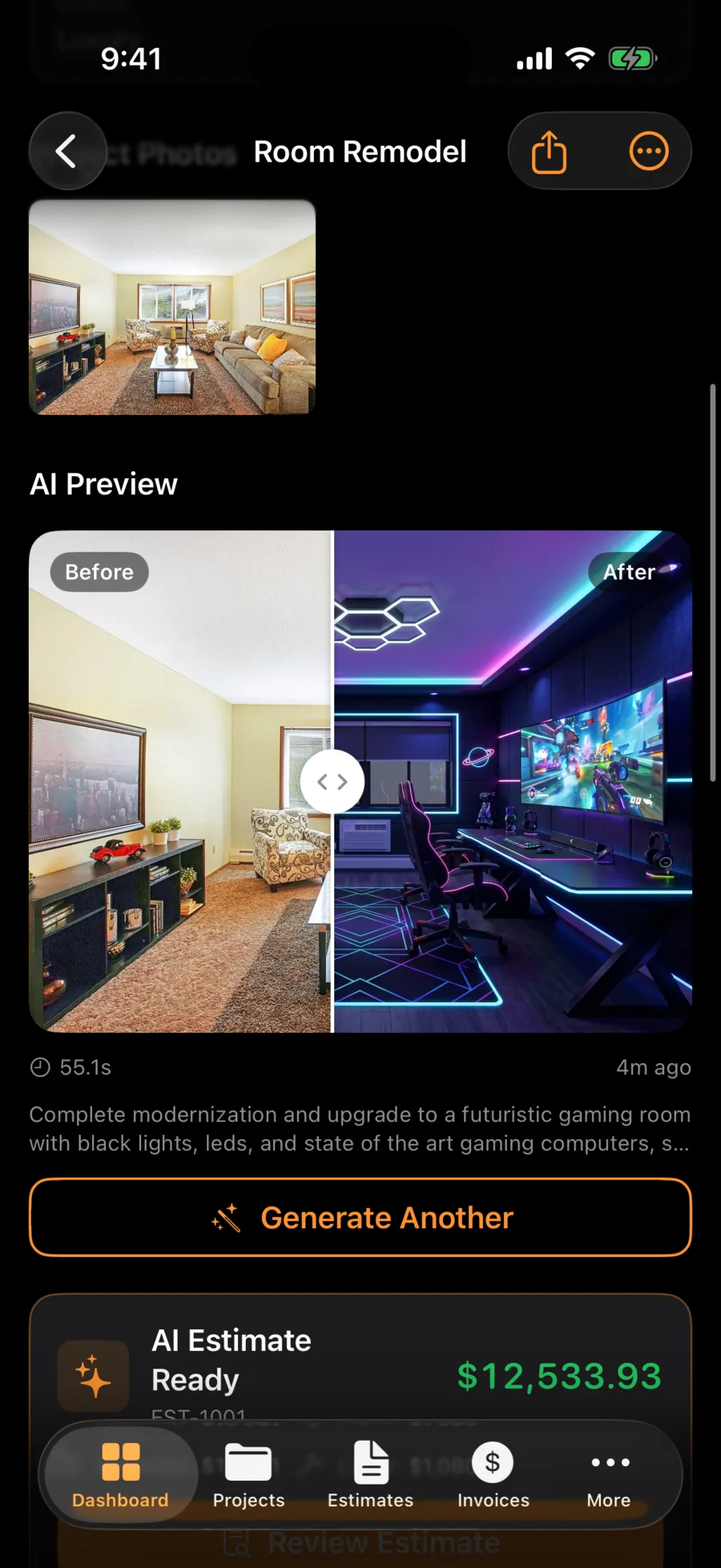 ProEstimate AI before/after AI render with itemized estimate